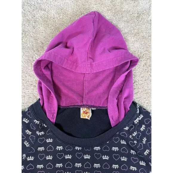 Big Flirt Y2K Black Pink Heart Crown Print Full Zip Hoodie Sweatshirt SZ S E259 - Picture 3 of 12